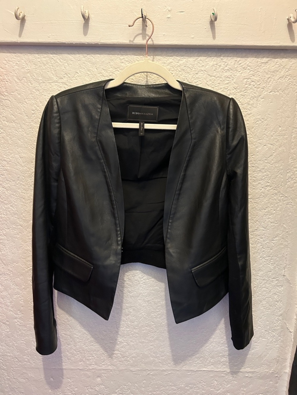 BCBGMAXAZRIA Black Faux Leather Open-Front Jacket